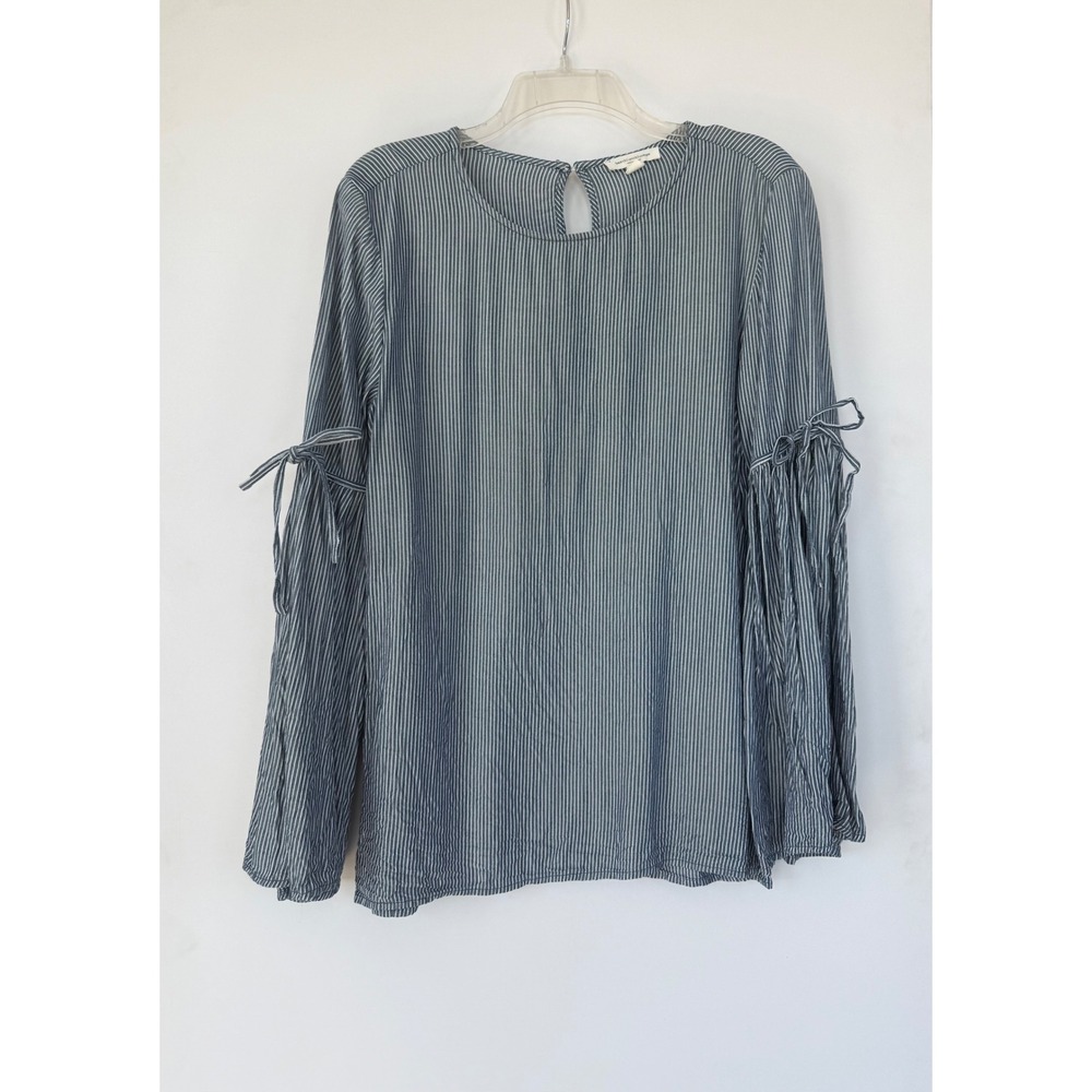 Beachlunchlounge Navy White Striped‎ Bell Sleeve Top Women L Boho Coastal Whimsy